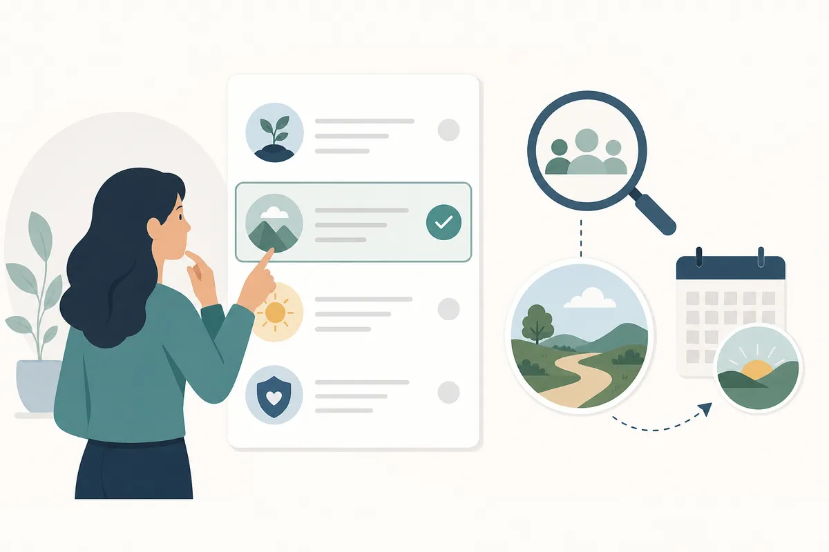 Marketer choosing evergreen SEO topics on a planning board