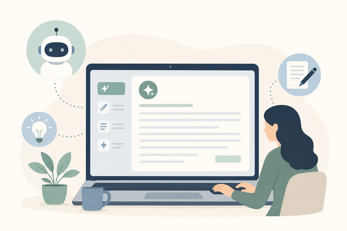 Prompt text flowing through an AI processor into a completed article document.
