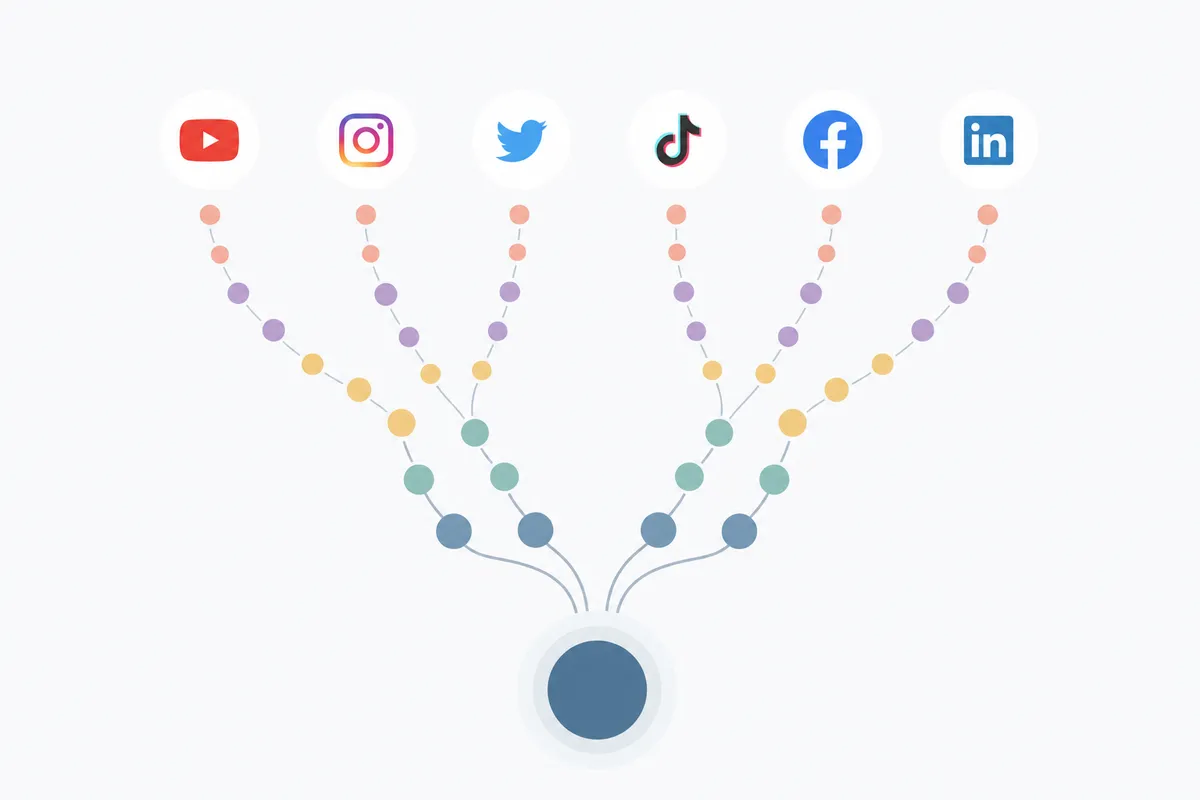 Flat illustration of a central circle expanding into branching groups of smaller circles, flowing upward to multiple platform icons.
