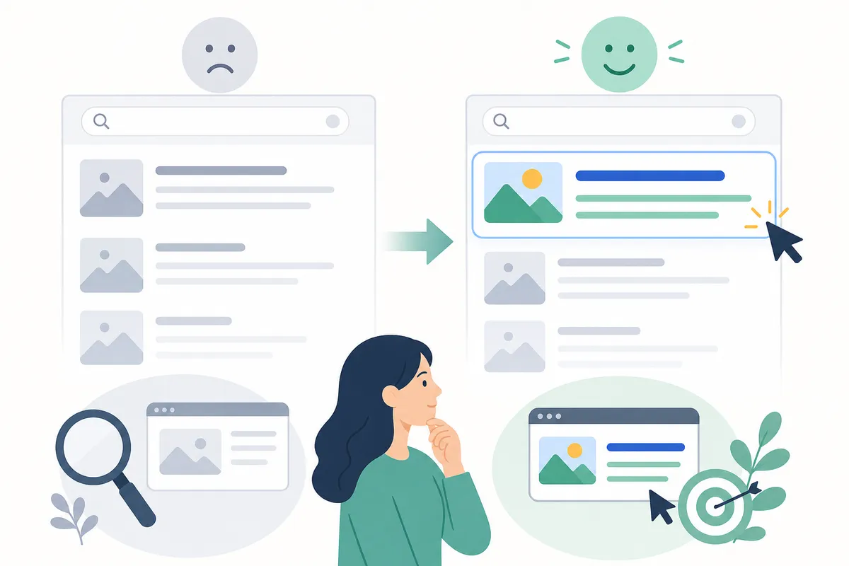 Écran partagé comparant une meta description faible et une meta description solide, optimisée pour les clics
