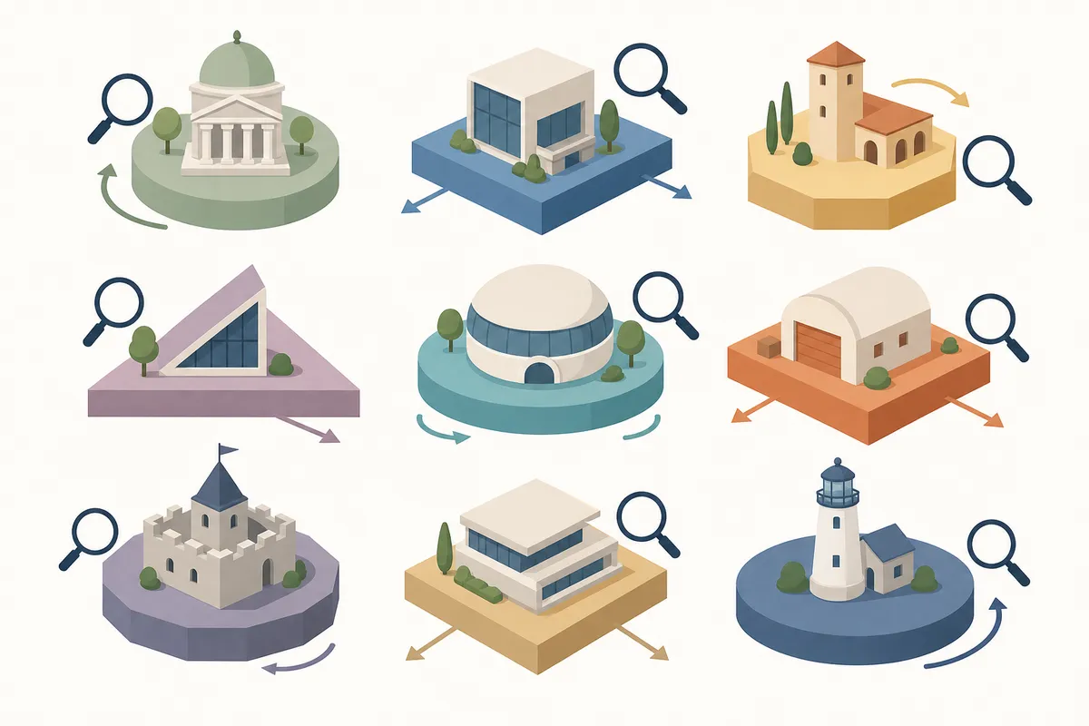 Flat illustration of nine varied geometric shapes representing platforms, each with distinct architectural features and surrounded by magnifying glasses.