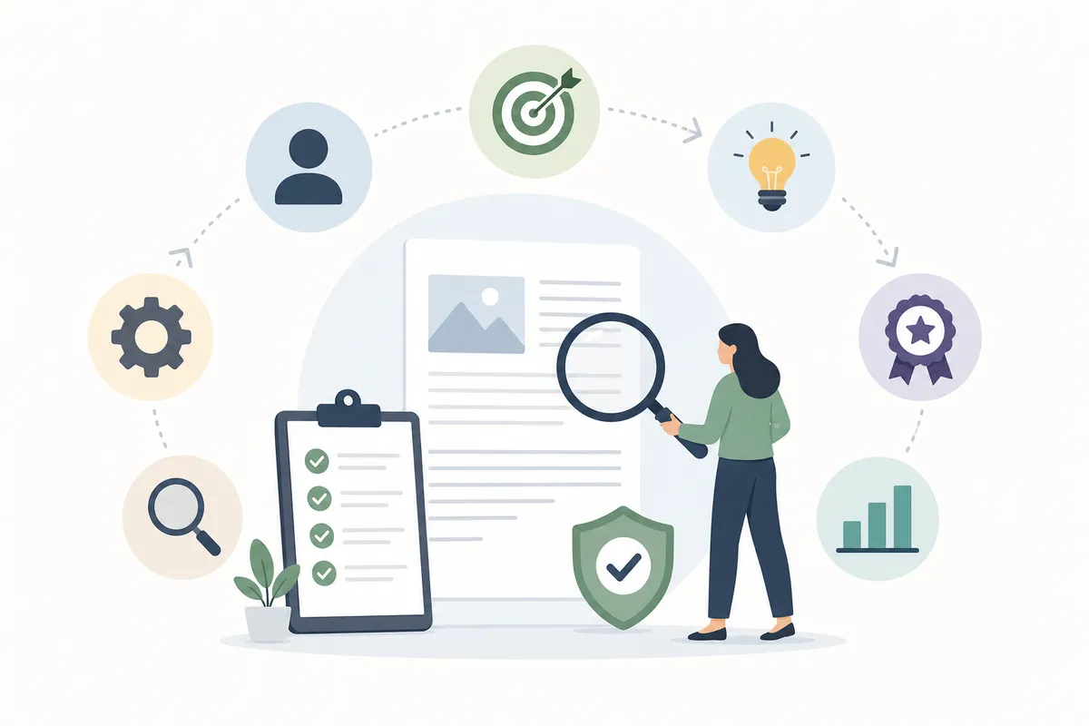 A five-step content quality audit framework shown as a checklist
