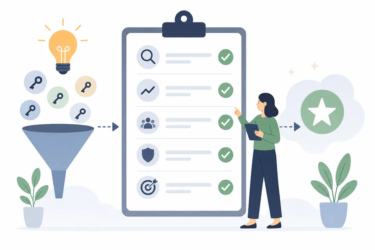 Checklist graphic showing the steps to pre-filter low competition keyword ideas before writing