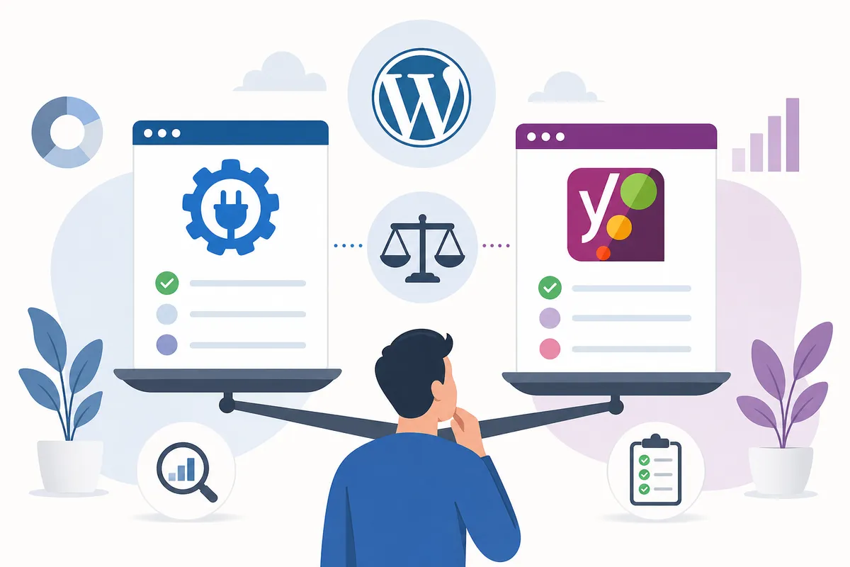 Diagram comparing AIOSEO and Yoast on writing guidance versus automation