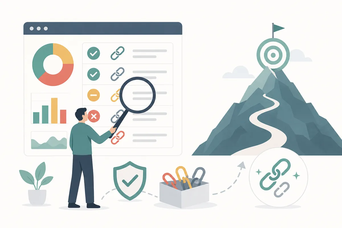 illustration of a backlink audit checklist covering domain authority, relevance, placement, and anchor text