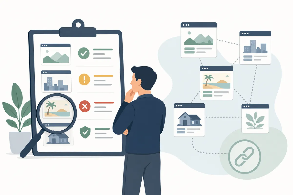 Portfolio audit scorecard comparing referring domains and rankings across several sites