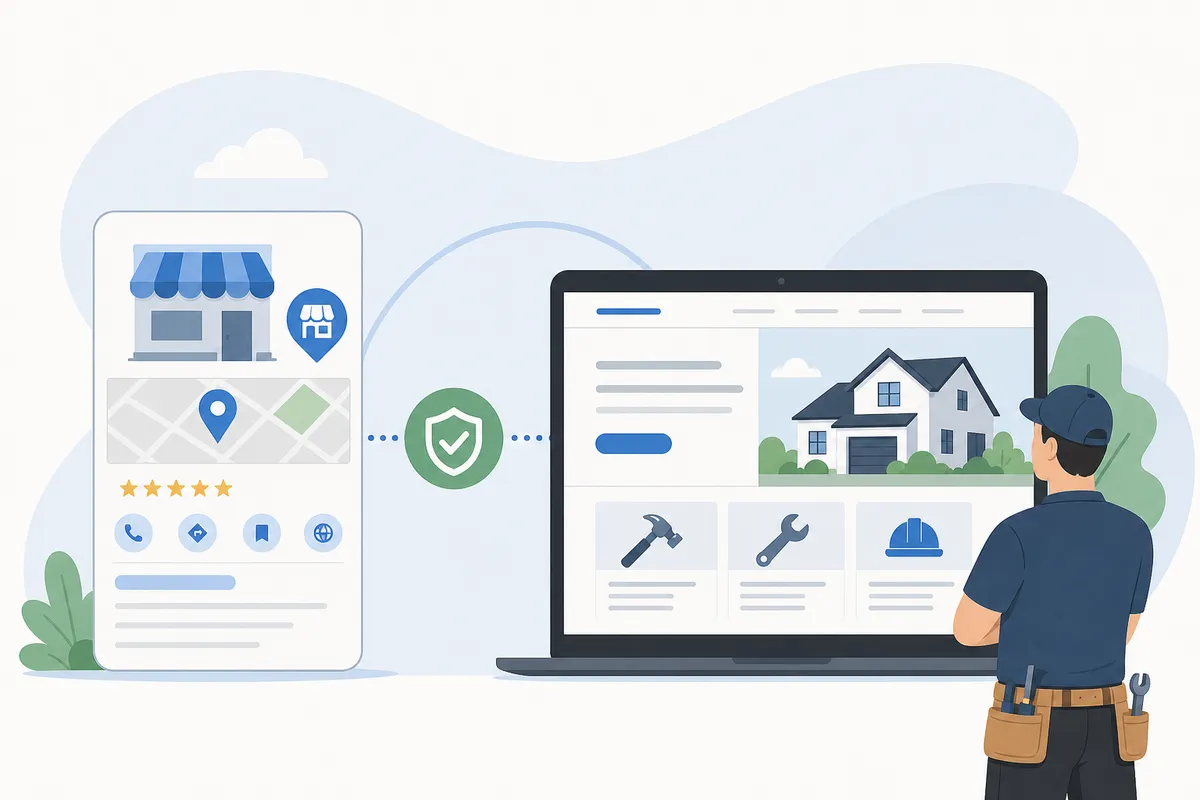 Contractor website showing separate service pages for roofing, siding, and gutters