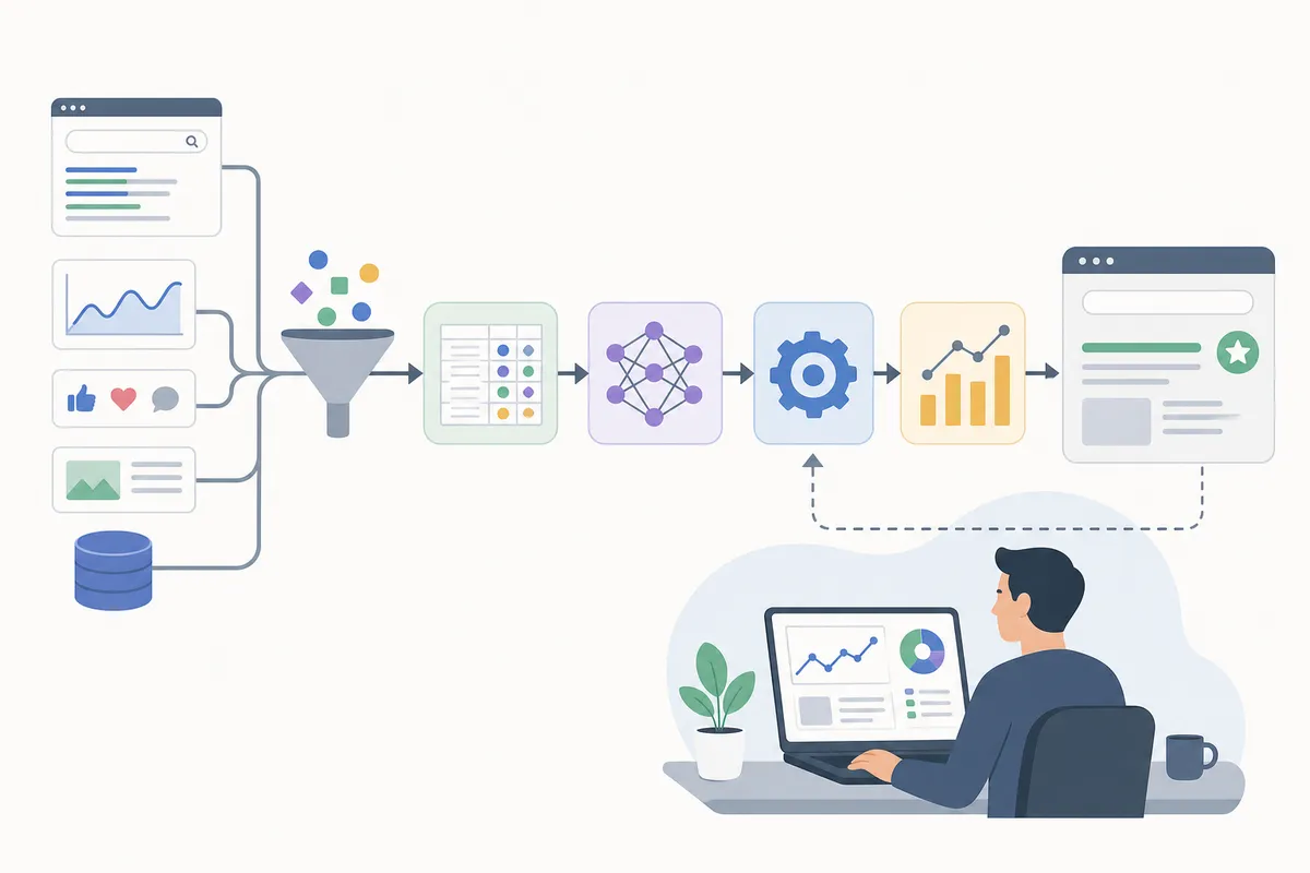 Organigramme d'un flux de travail de contenu en cinq étapes pour le machine learning SEO, du regroupement de mots-clés au suivi des performances