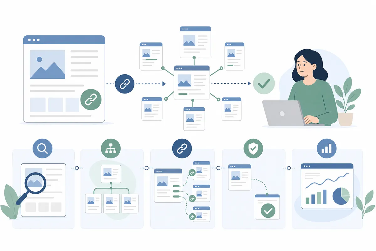 Flowchart of a six-step internal linking strategy from site mapping to a recurring link audit