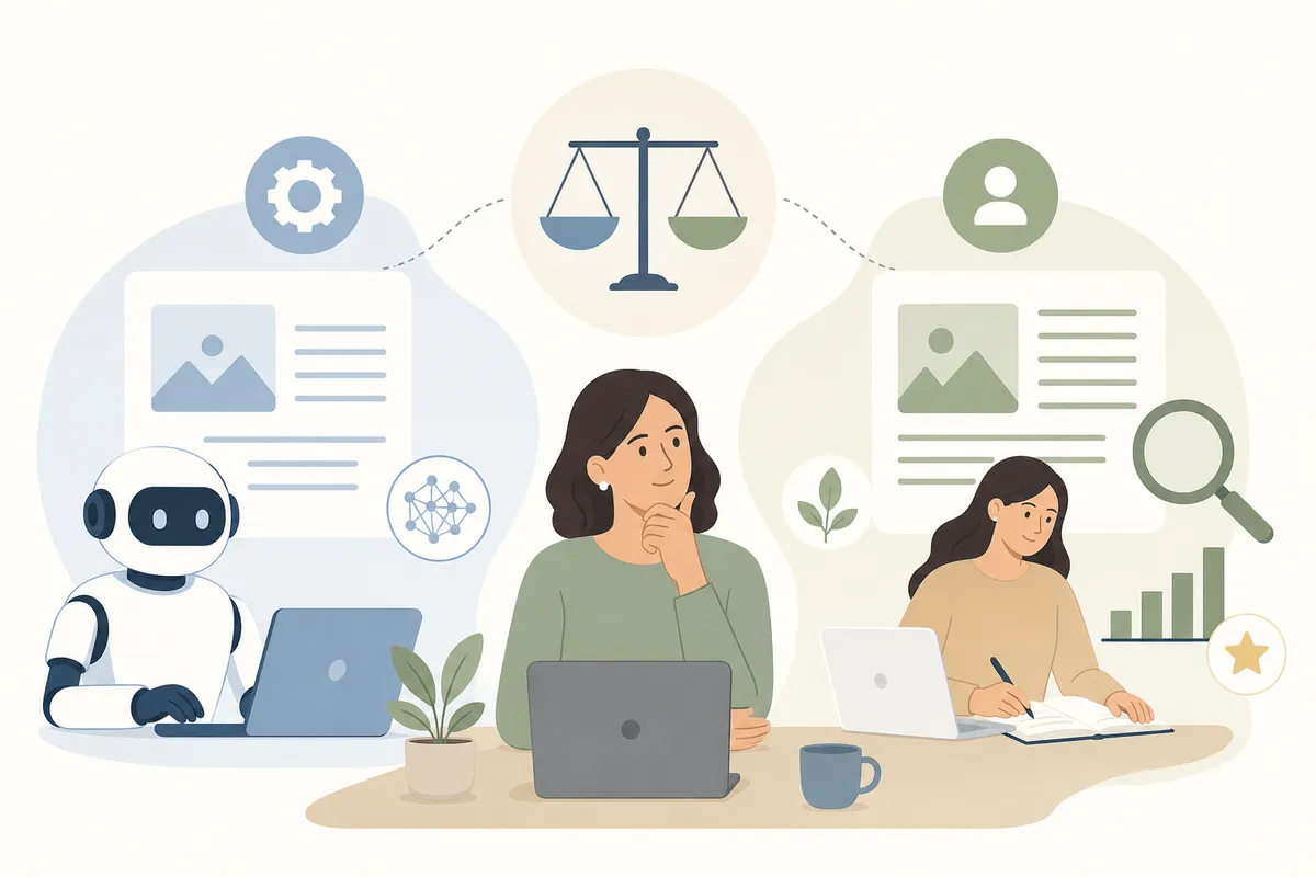 Split illustration comparing an AI-drafted outline with a human-edited final article