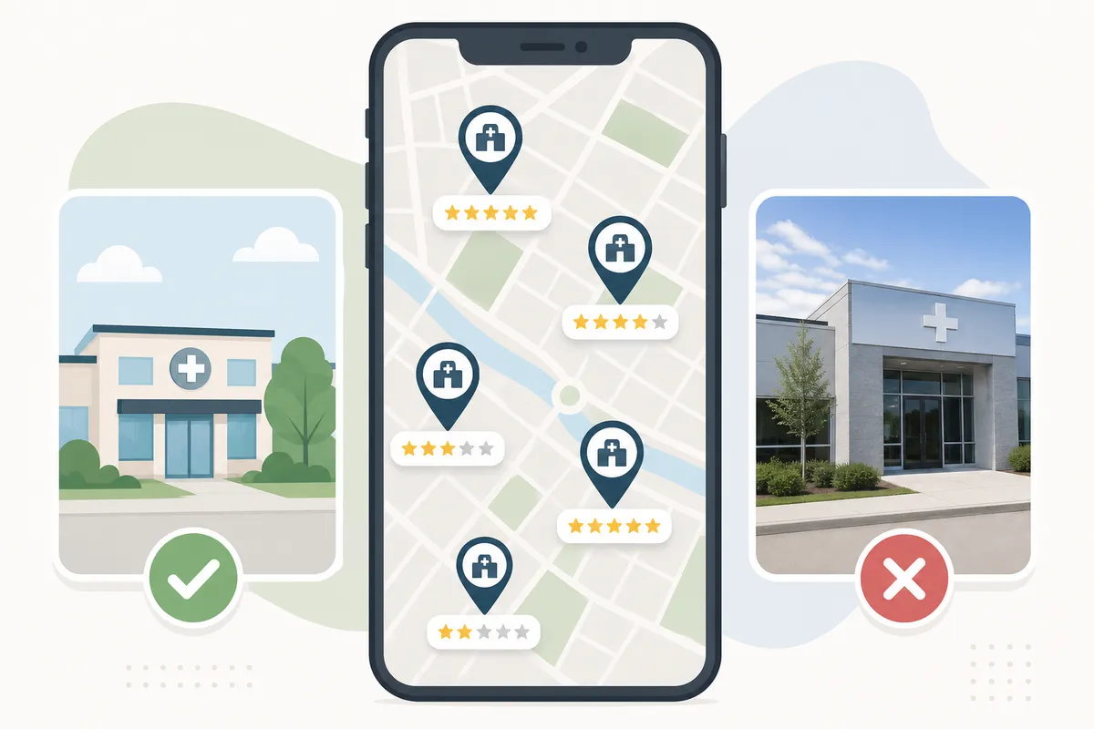 Flat illustration of a smartphone displaying multiple clinic map pins with varying star rating counts and contrasting professional versus stock photography.