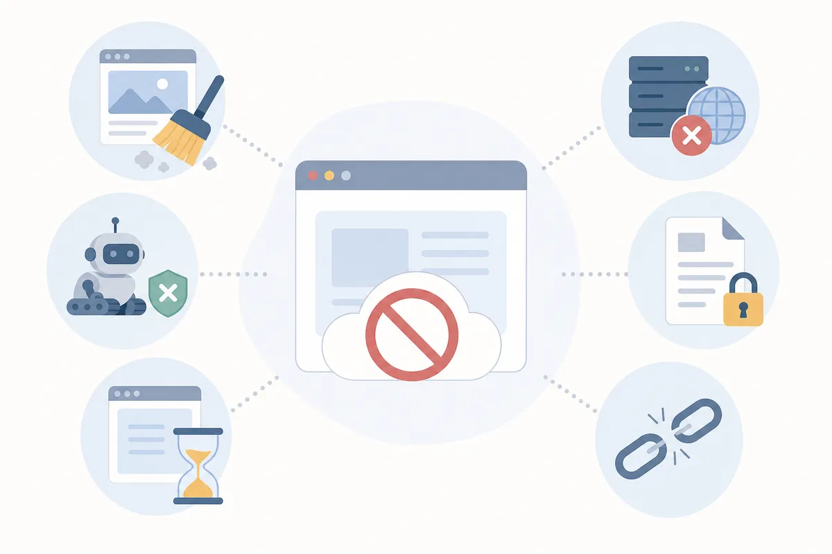Un diagrama de los motivos habituales por los que una página no tiene copia archivada: directivas noarchive, bloqueos en robots.txt, páginas nuevas y páginas que se rastrean poco.