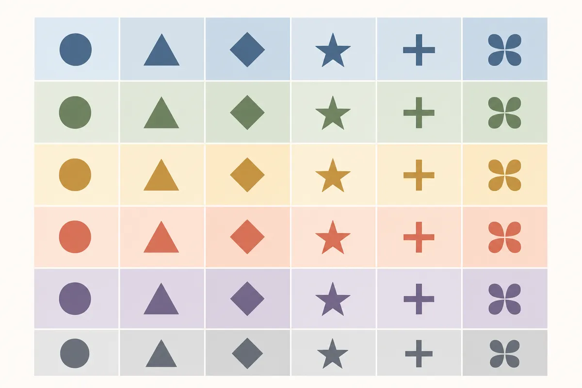 Flat illustration of a rectangular grid divided into rows and columns with different shading and symbols filling each cell.