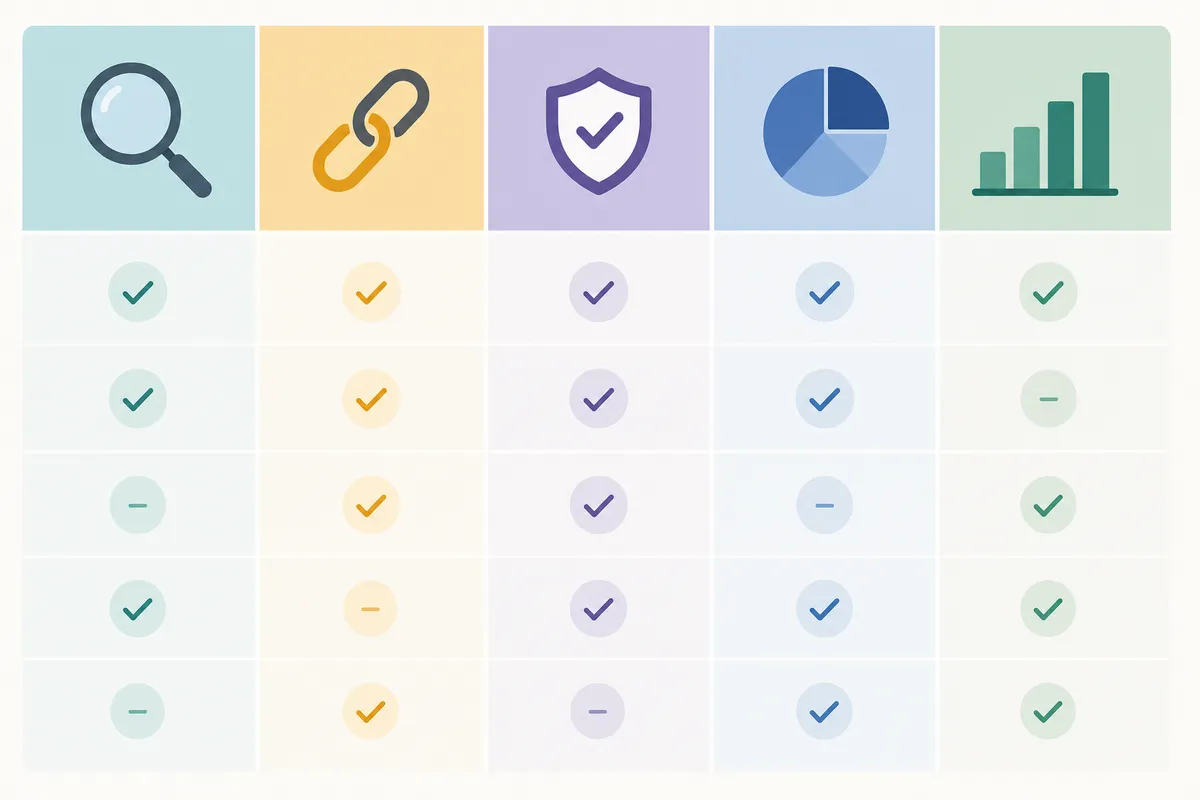 Flat illustration of a comparison matrix with five vertical columns containing distinct specialized icons like magnifying glasses, chains,.
