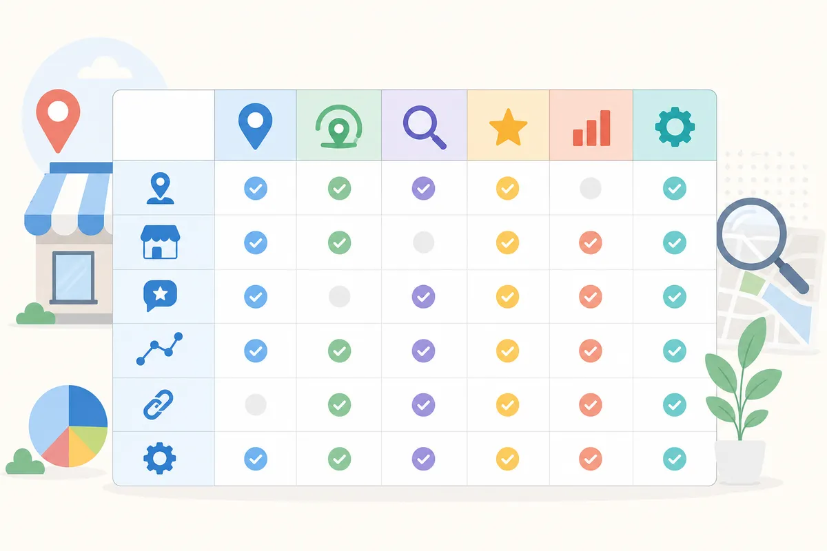 Diagram comparing the nine local SEO tools by best use, free plan and starting price