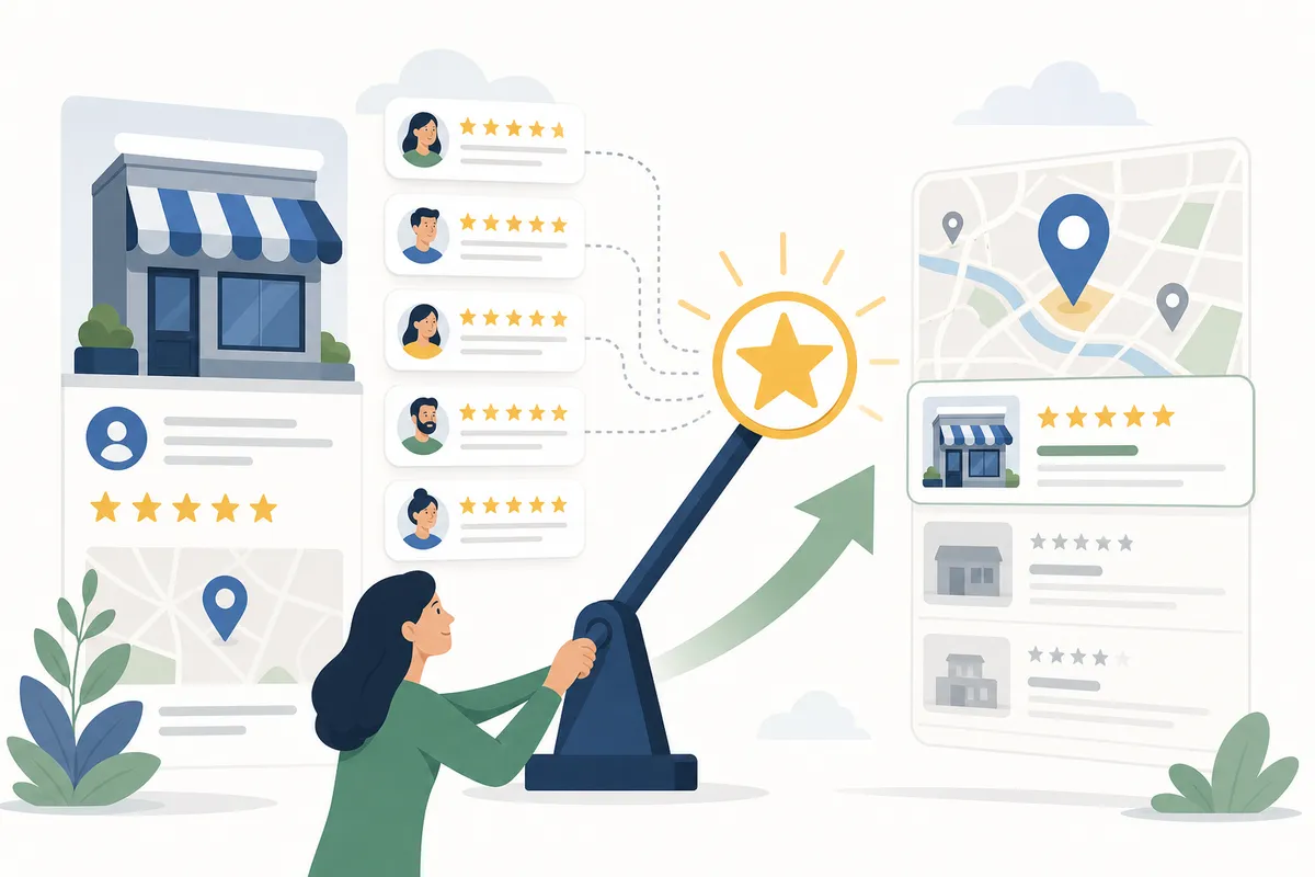 La section des avis d'un Google Business Profile, avec des notes en étoiles et la réponse du propriétaire