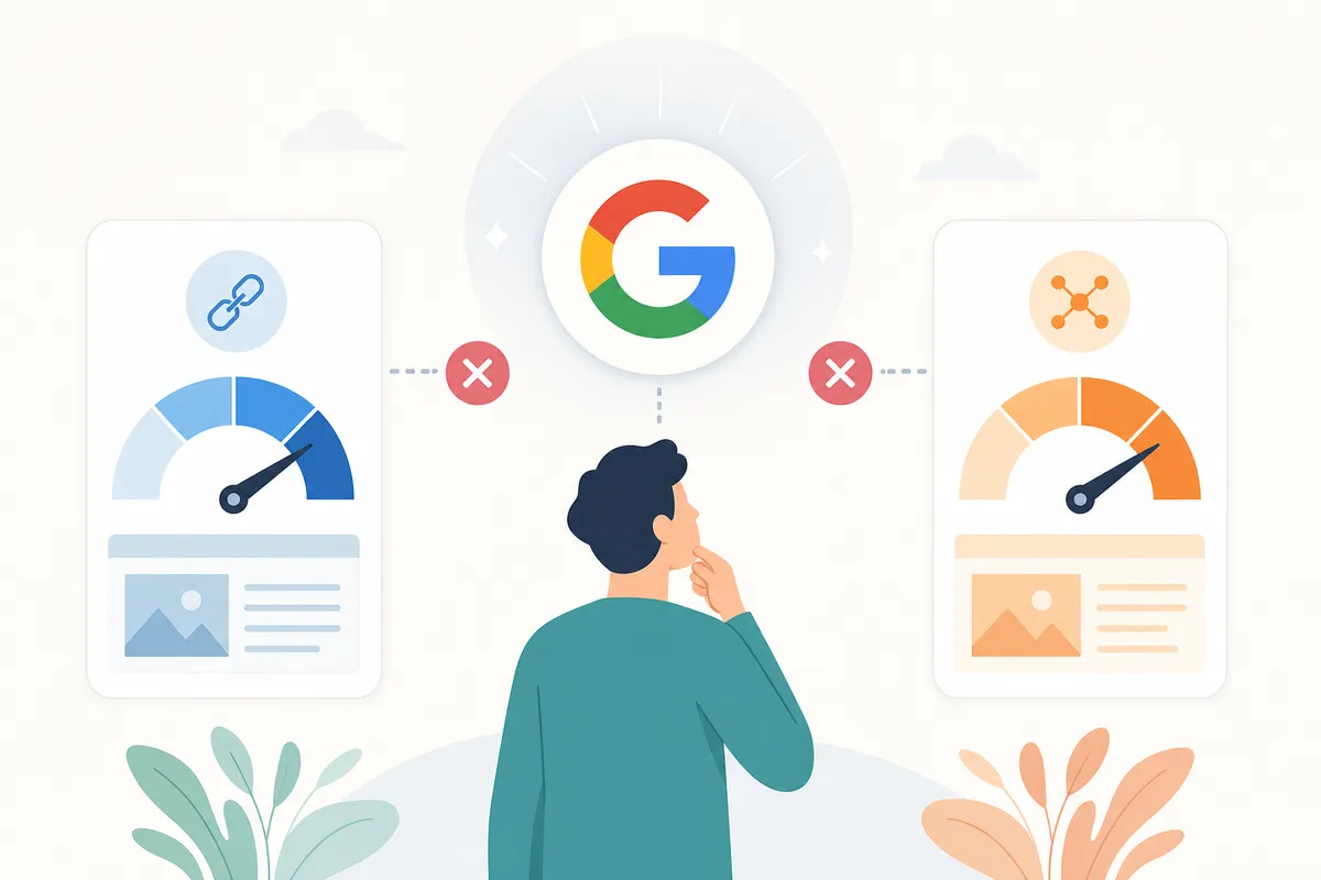 Google logo disconnected from Moz and Ahrefs with arrows branching to actual ranking signals.