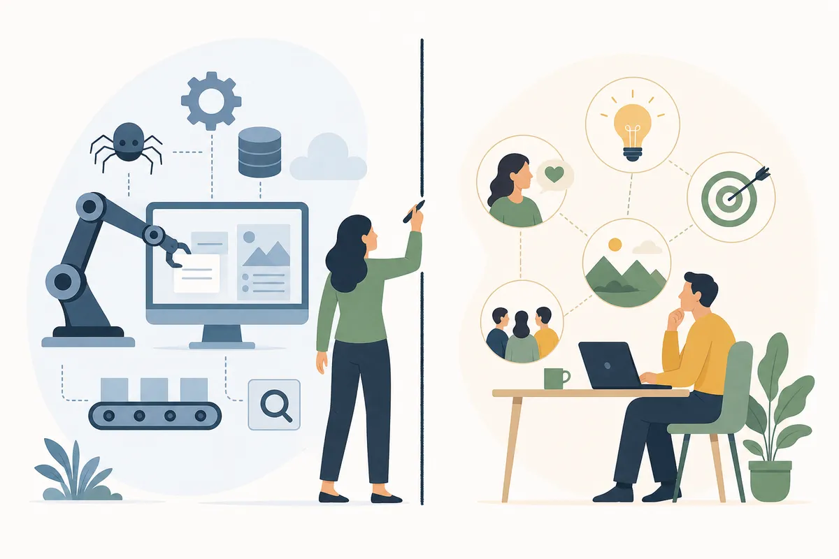 Comparison of automated SEO tasks and human-owned SEO tasks on a whiteboard
