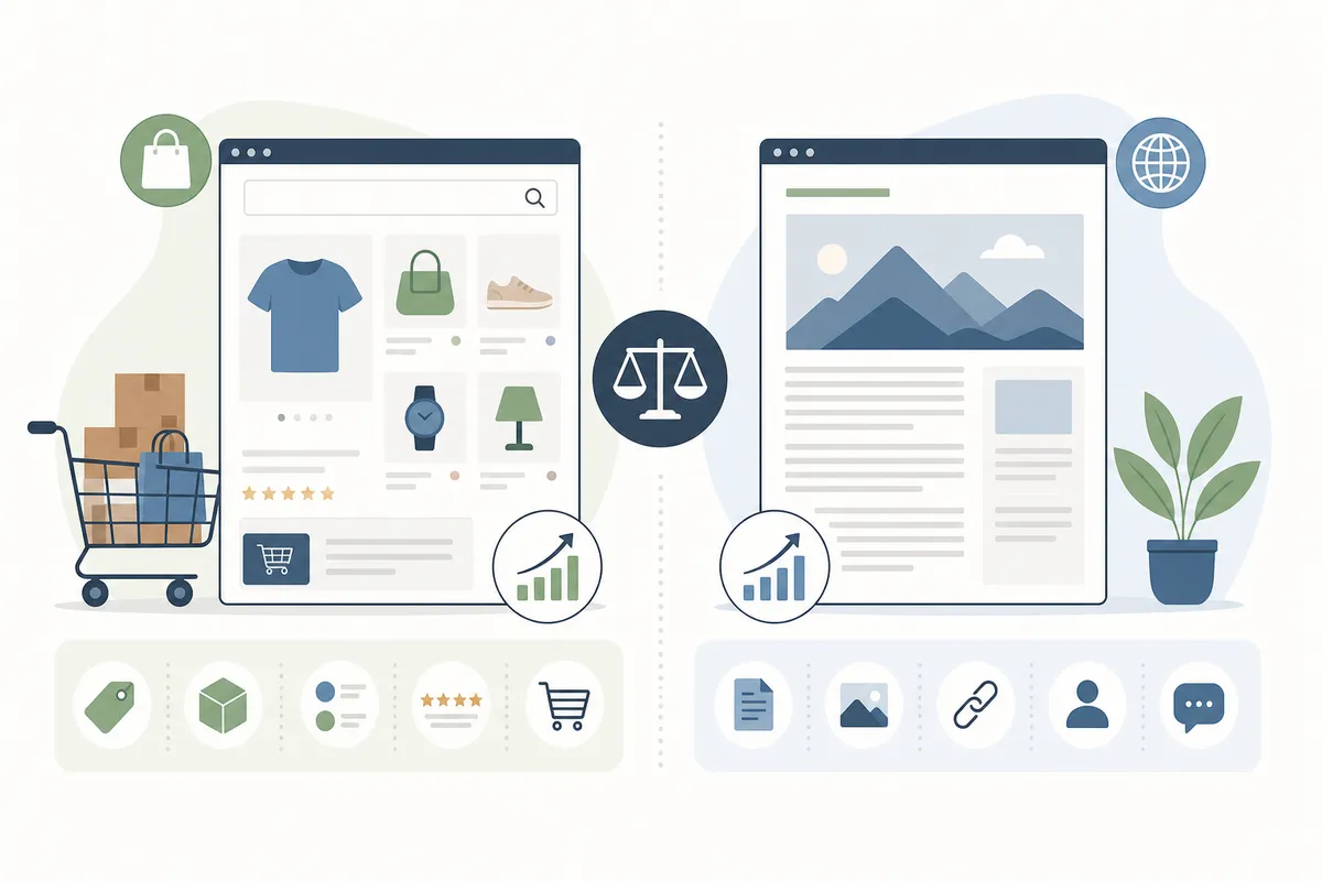 Un diagrama que compara el SEO para ecommerce con el SEO tradicional: volumen, contenido duplicado, páginas de categoría, competencia de los marketplaces y reseñas.