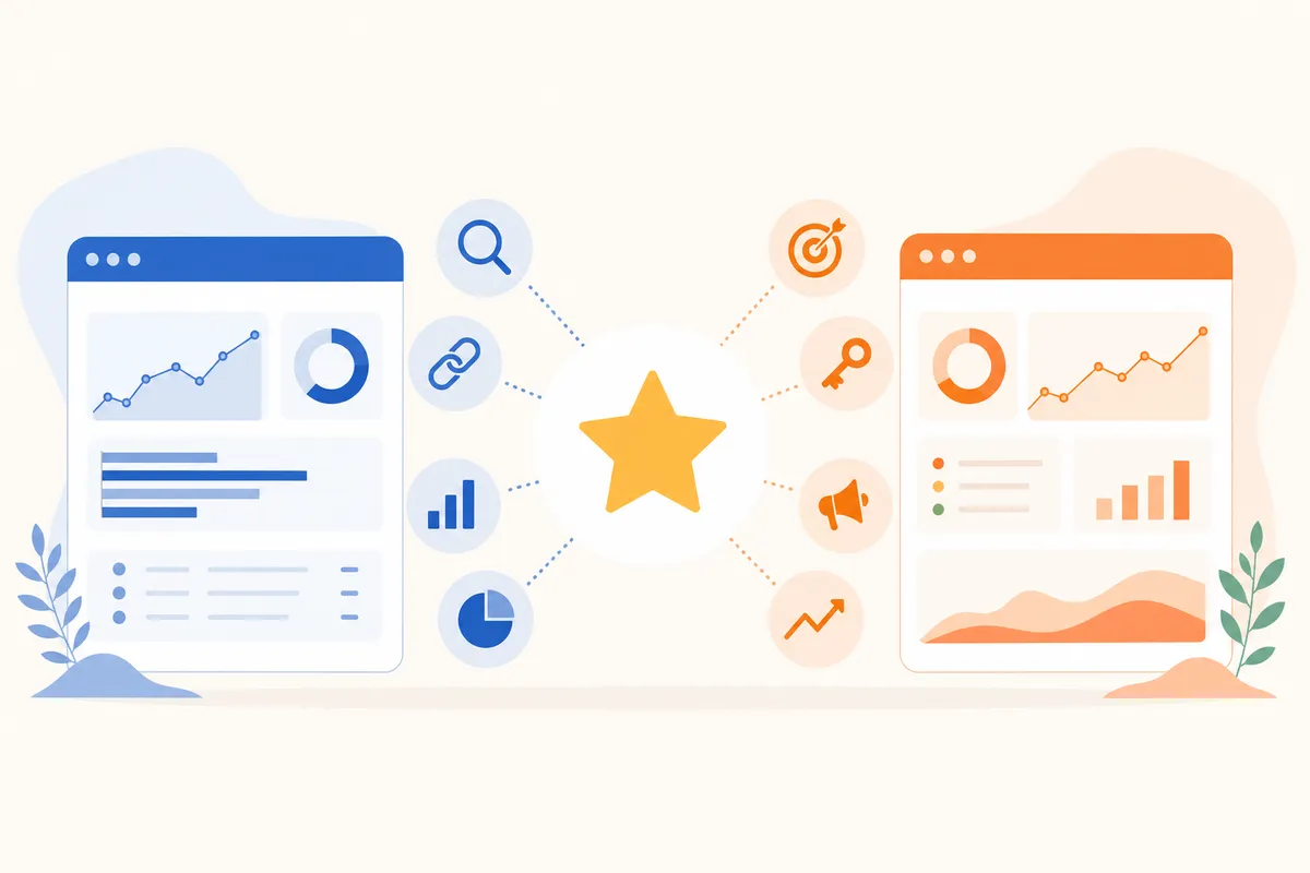 Analyst comparing Ahrefs and Semrush feature sets on a laptop screen