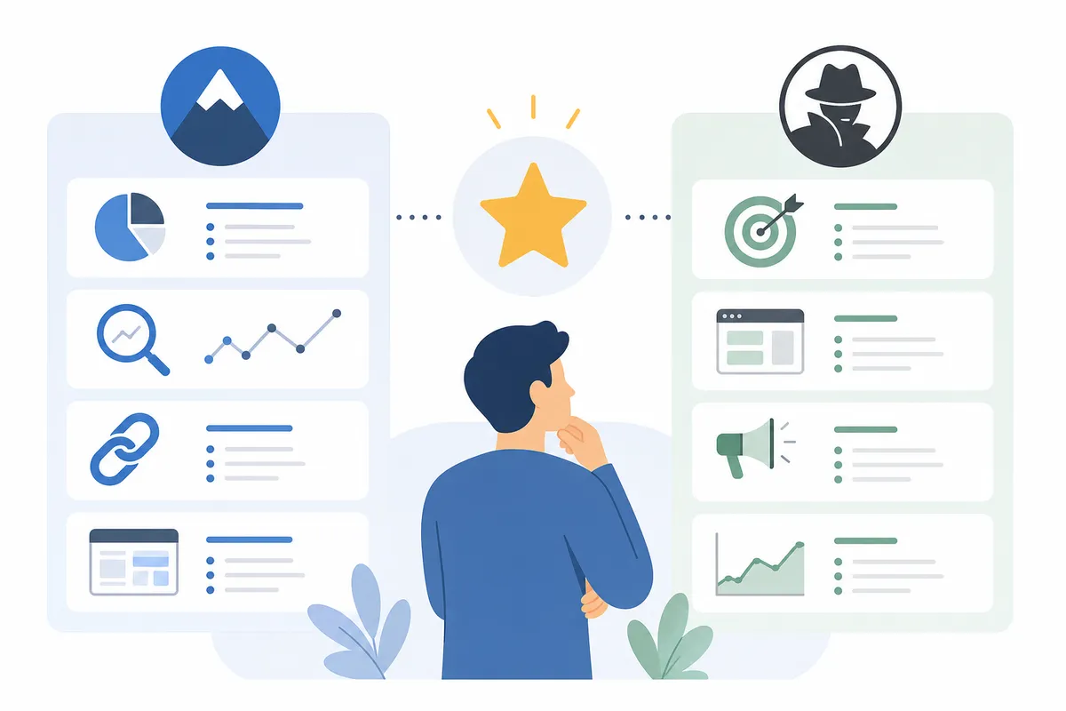 Illustration de type capture d'écran comparant les tableaux de bord de suivi de positions dans une configuration Ahrefs vs SpyFu