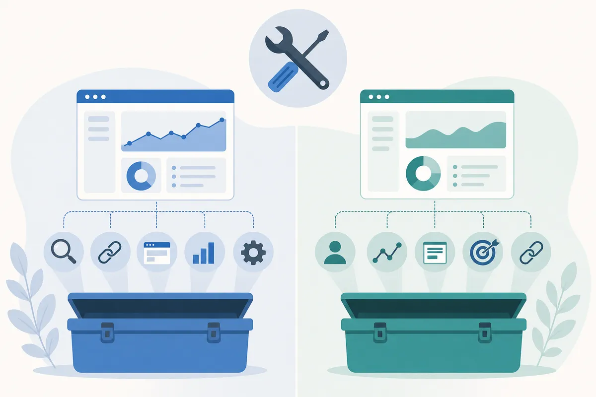 Diagram of the main feature areas of SE Ranking and Moz: keyword research, backlink metrics and reporting
