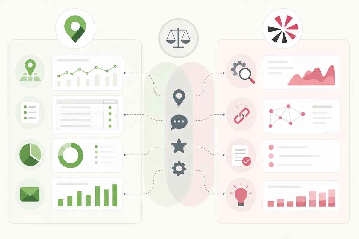 Local SEO dashboard comparing rank tracking, citations and review management