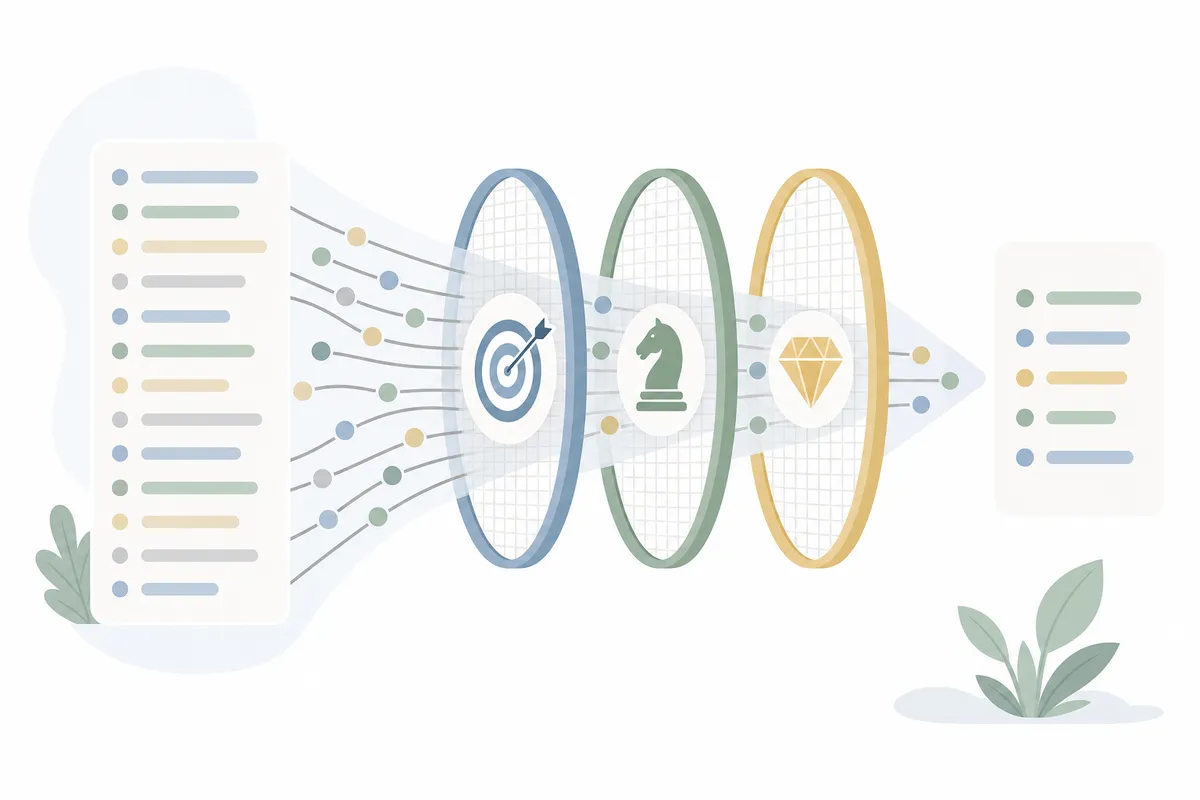Filtering a raw keyword list down by intent, difficulty, and business value