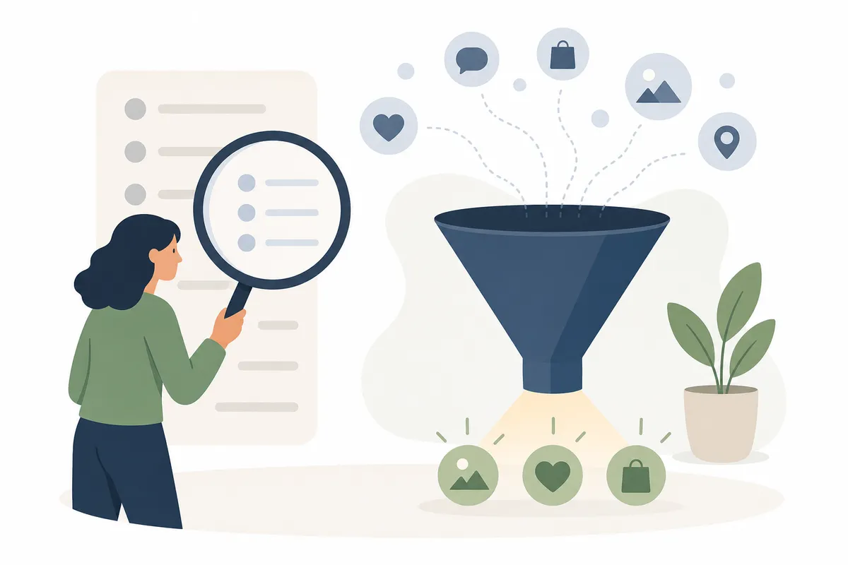 A spreadsheet of candidate search phrases pulled from Search Console, autocomplete, and customer support tickets