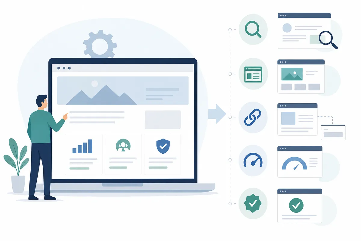 A marketer auditing B2B SEO keyword rankings and page performance in a dashboard