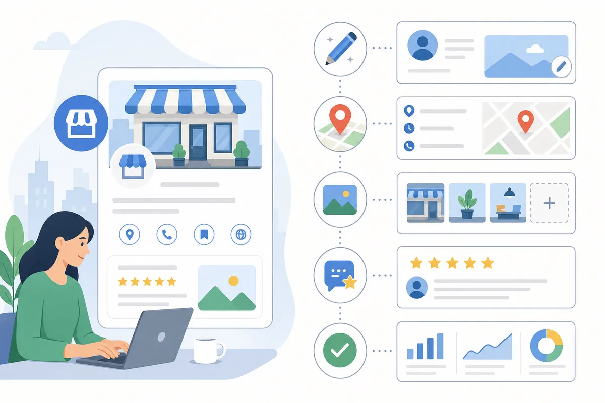 Business owner following local SEO tips to update a Google Business Profile listing on a laptop