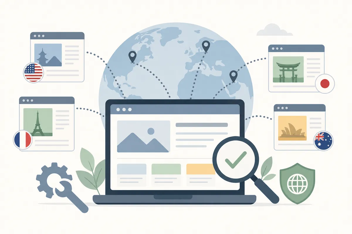 Diagram of the steps for fixing international SEO issues on your own site, from listing versions to adding hreflang and re-validating.