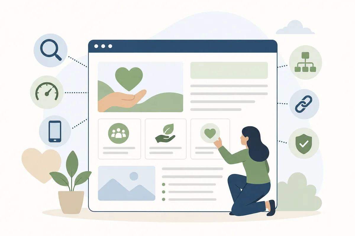 Checklist of on-page SEO fixes shown on a website editing screen