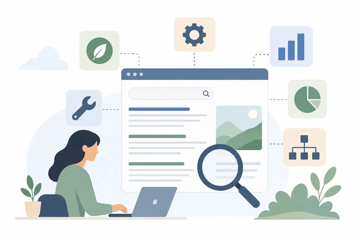 Screenshot-style graphic showing free SEO tools including Google Search Console and Analytics dashboards