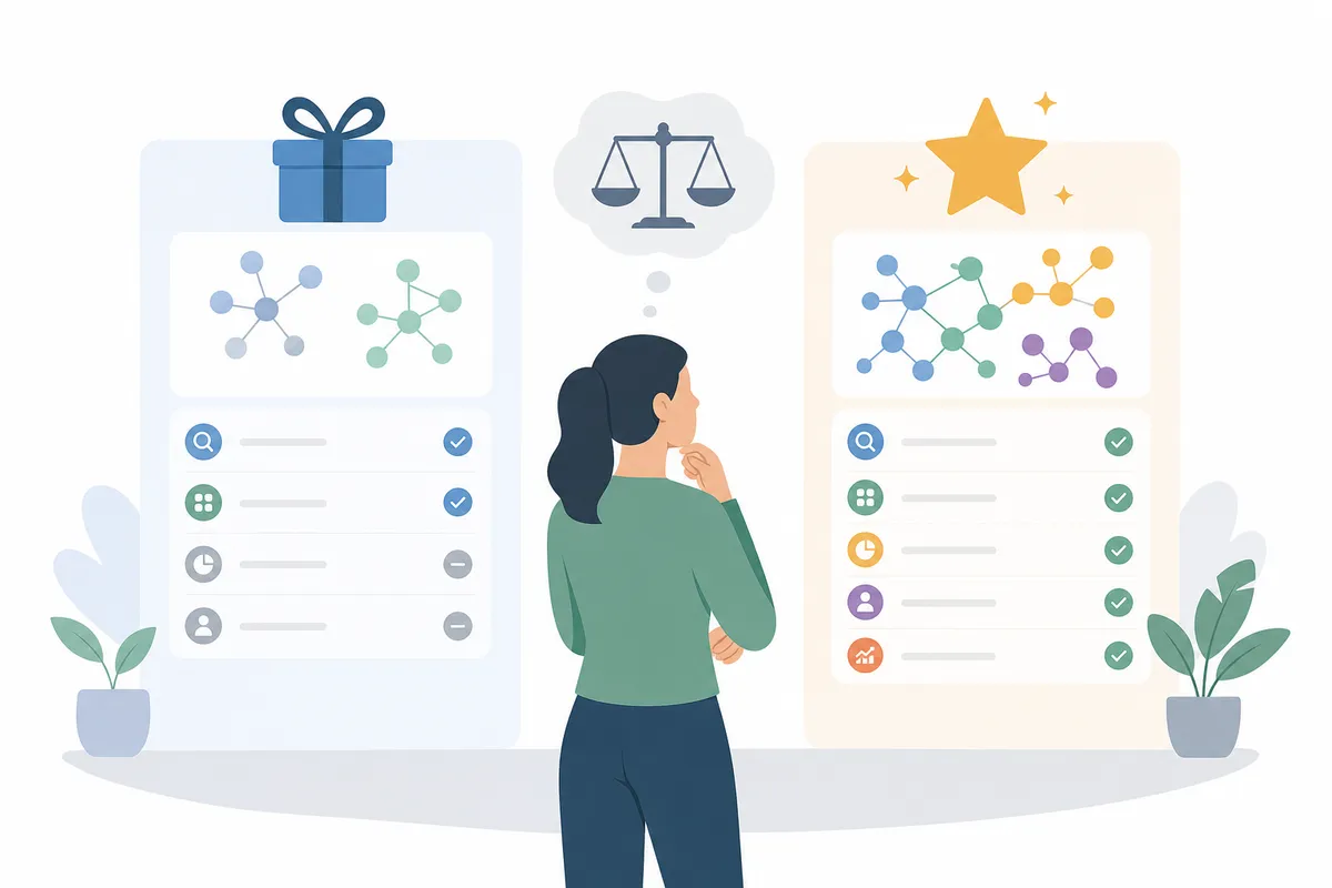 Side-by-side comparison of a free keyword clustering tool interface and a paid premium clustering dashboard