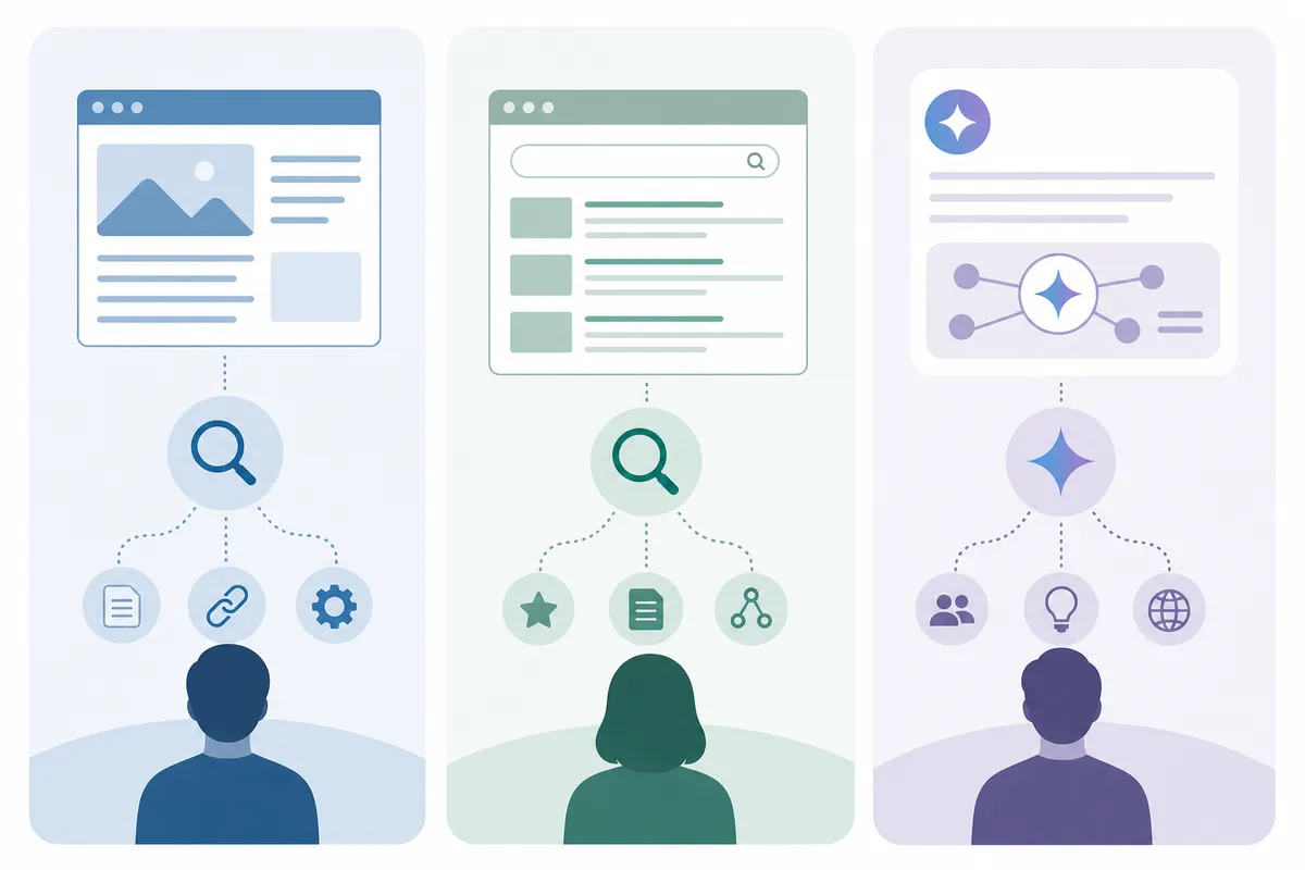 Diagram comparing the goals of Gemini SEO, traditional SEO and GEO.