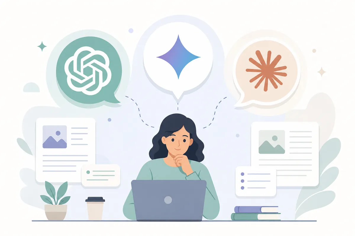 Three AI assistant interfaces with speech bubbles and arrows showing information flow.