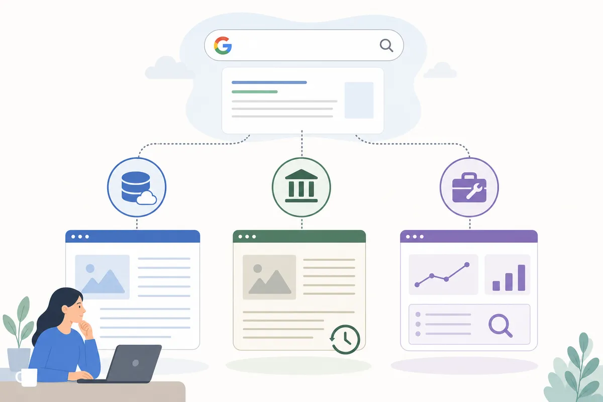 Una comparación de la caché de Google retirada, la Wayback Machine y la inspección de URL de Search Console como formas de ver una versión anterior o actual de una página.