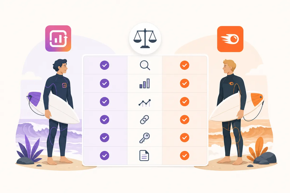 Tableau comparatif des fonctionnalités montrant l'orientation contenu de Surfer SEO face à la suite marketing complète de Semrush