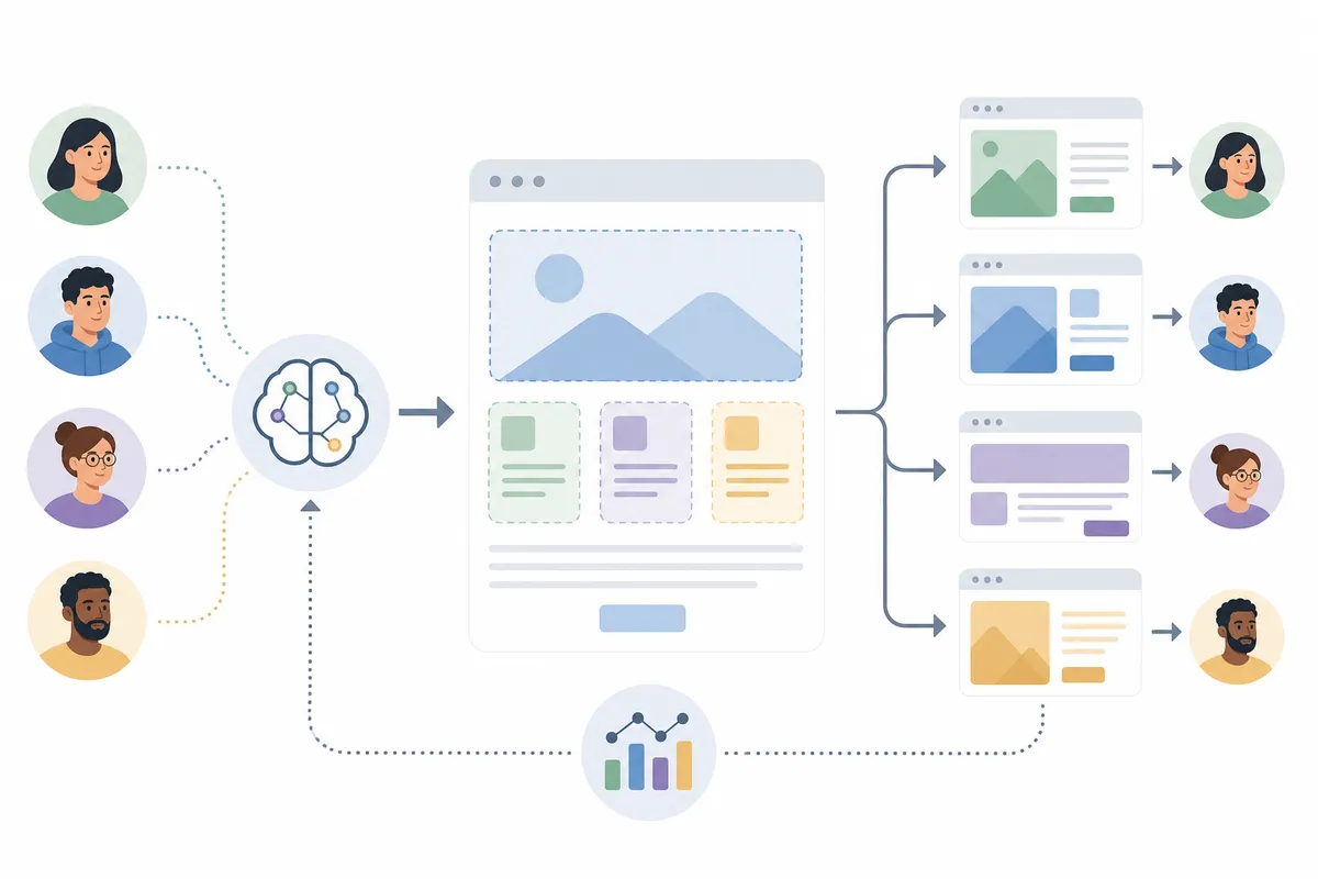 Dashboard of ranking, query, and results-page signals feeding a content update queue