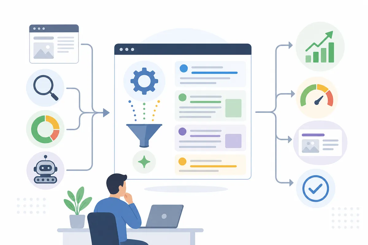 Website information flows through a sequence of analysis, optimization, and measurement.