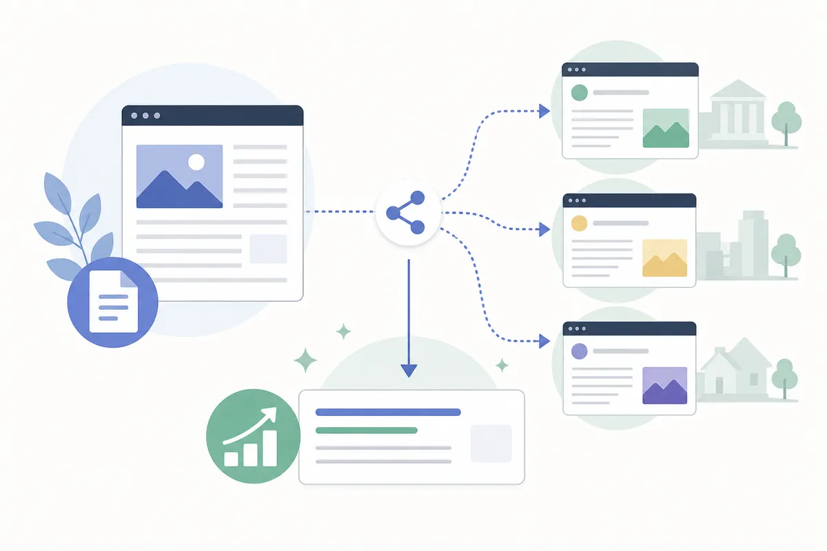 Flow chart showing how syndicated copies pass attribution links and referral visitors back to the original article