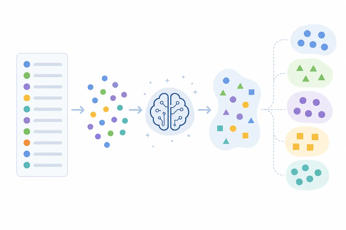 Diagram showing a raw keyword list being sorted into AI keyword clustering topic groups
