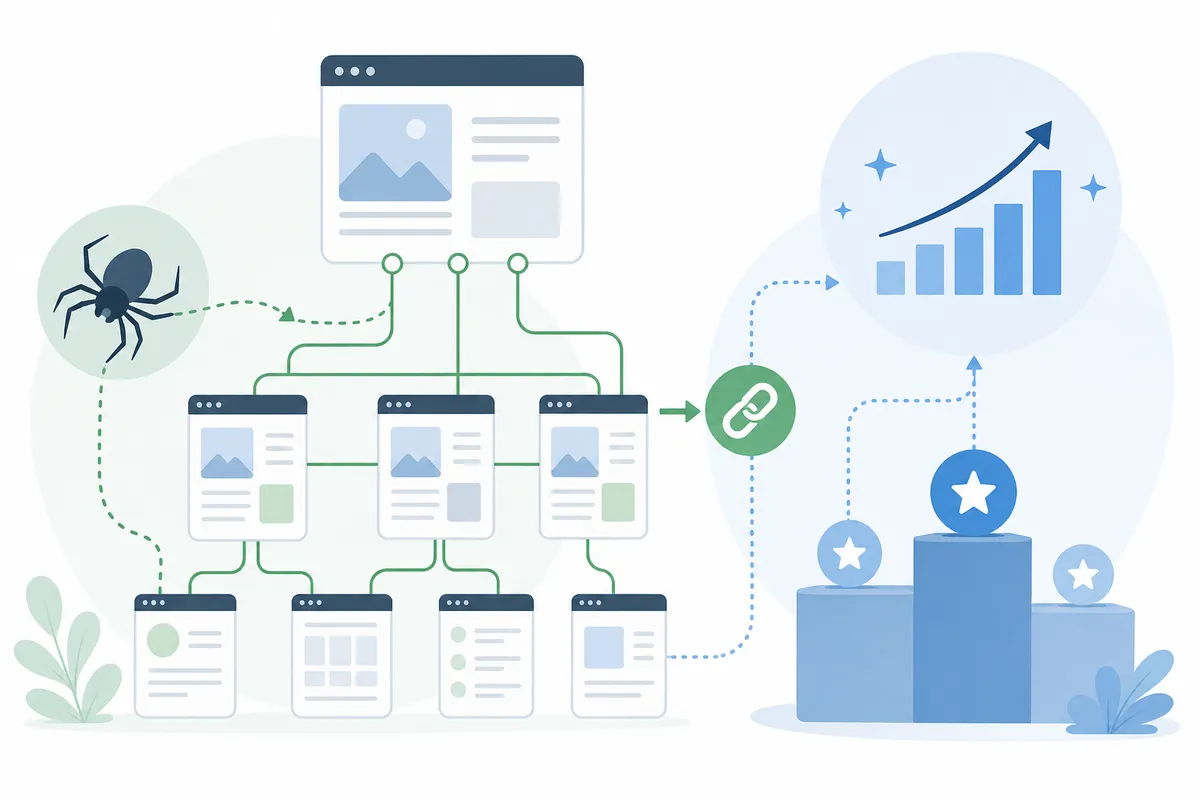 Chart showing link equity flowing from a homepage through internal links to category and product pages