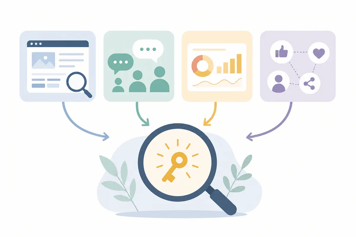 Four sources of keyword discovery: seed terms, competitors, ranking data, customer language