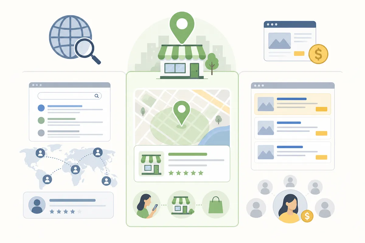 Map pack listings compared with standard organic results and paid ads on a search page