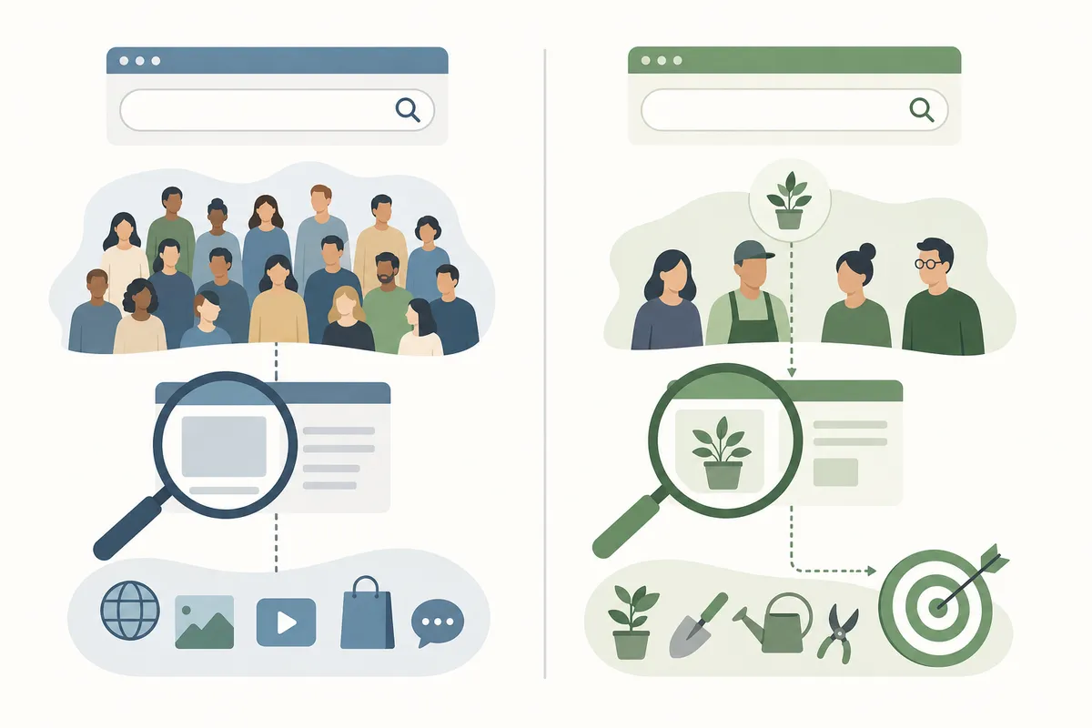 Side-by-side comparison of broad SEO and niche SEO priorities