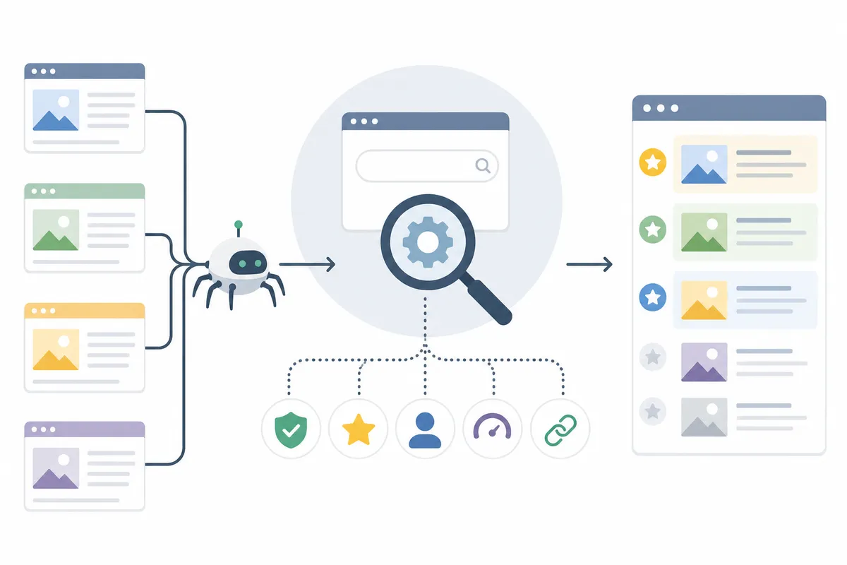 Diagram of the four stages of organic search: crawl, render, index and rank