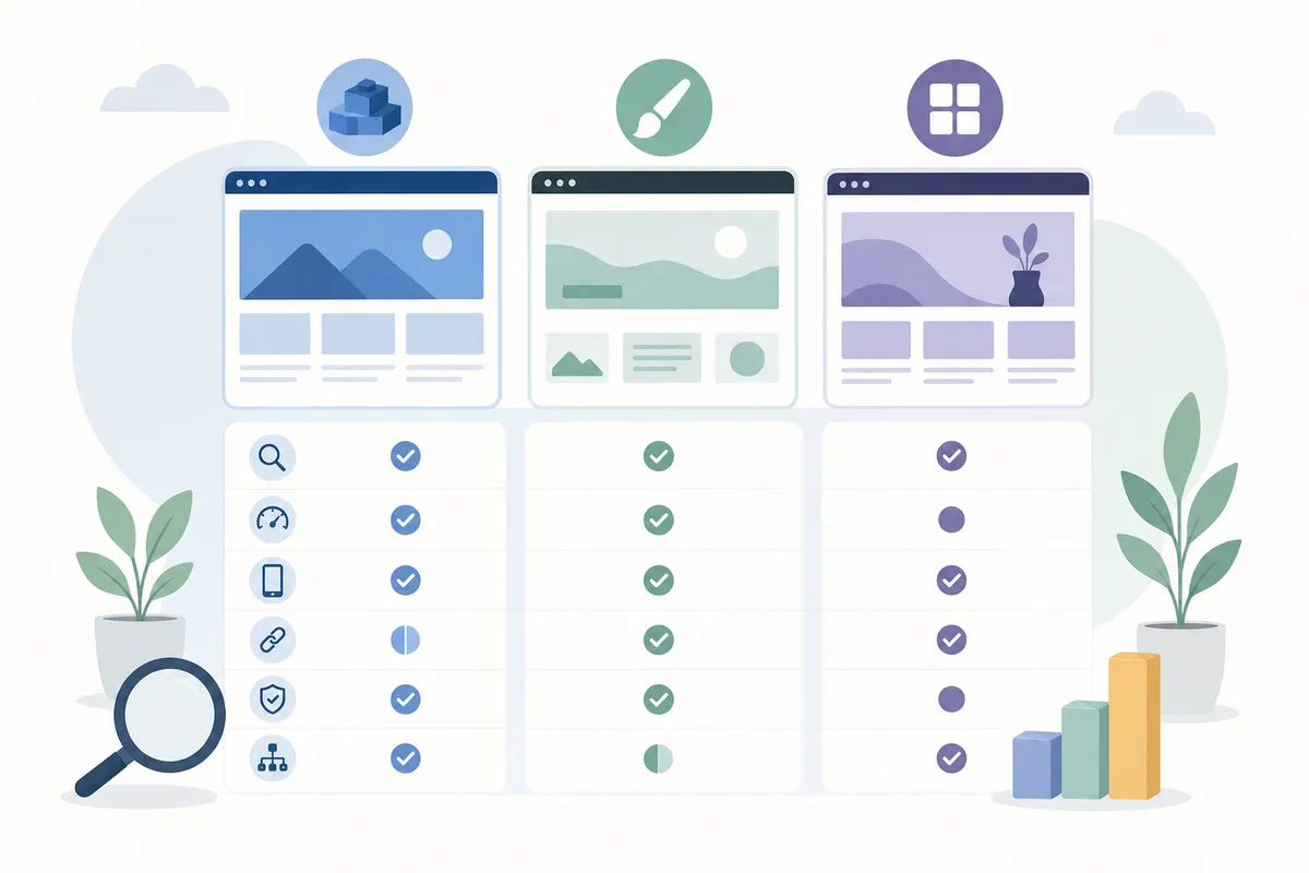 Diagram comparing the seven website builders on free plan, starting price and main limit