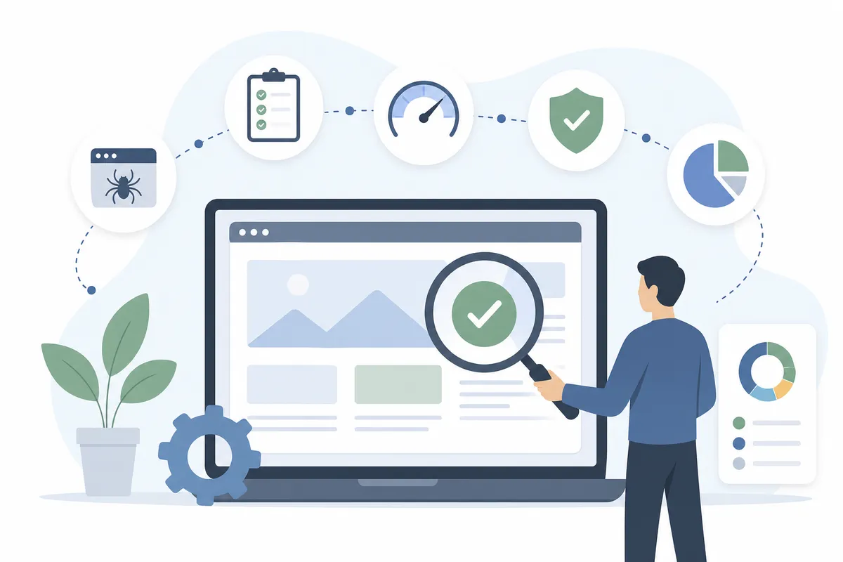 A checklist and laptop showing a website audit workflow in progress
